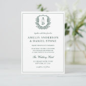 Invitation Emerald Green Elegant Crest Monogram Mariage (Debout devant)