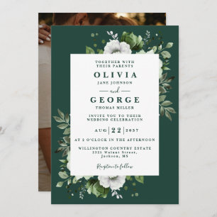 Invitation Emerald Green Elegant Floral Photo Mariage
