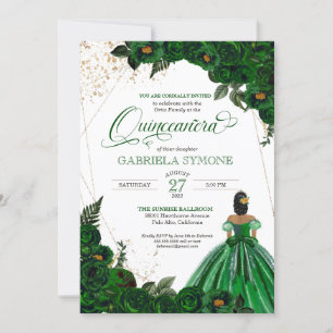 Invitation Emerald Green Elegant Roses et Gown Quinceanera
