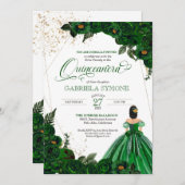 Invitation Emerald Green Elegant Roses et Gown Quinceanera I (Devant / Derrière)