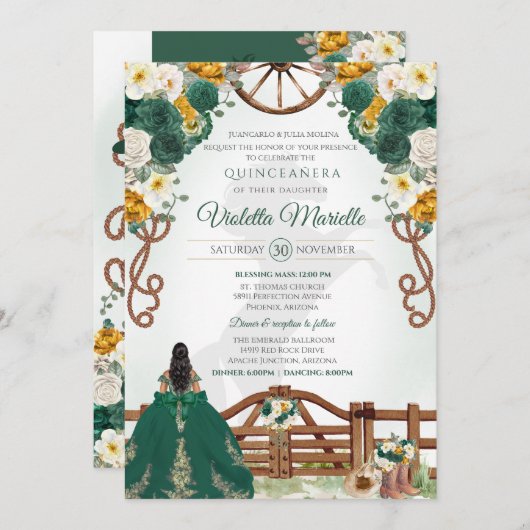 Invitation Emerald Green Elegant Western Charro Quinceanera (Devant / Derrière)