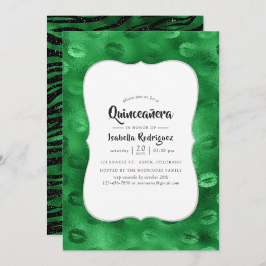 Invitation Emerald Green et Black Glam Quinceañera (Devant / Derrière)