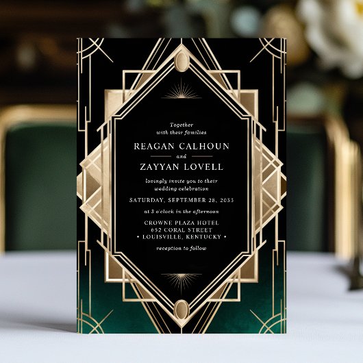 Invitation Emerald Green et Gold Art Déco Mariage géométrique
