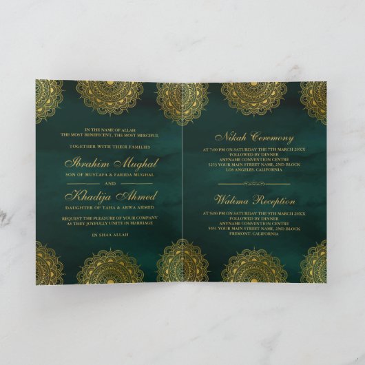 Invitation Emerald Green et Gold Asian Motif Mariage musulman (Intérieur)