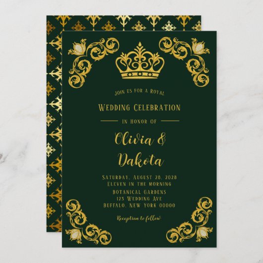 Invitation Emerald Green et Gold Damask Mariage royal (Devant / Derrière)