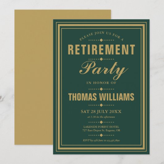 Invitation Emerald Green Et Gold Elegant Retirement Party (Devant / Derrière)