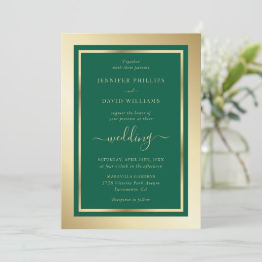 Invitation Emerald Green et Gold Elegant Script Mariage (Debout devant)