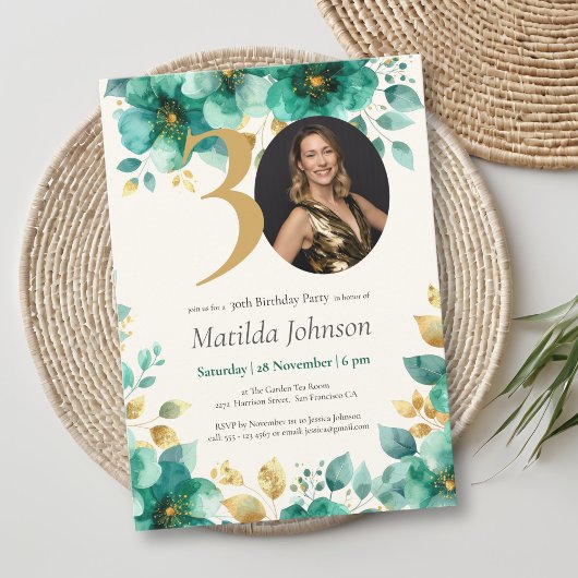Invitation Emerald Green et Gold Floral 30e anniversaire