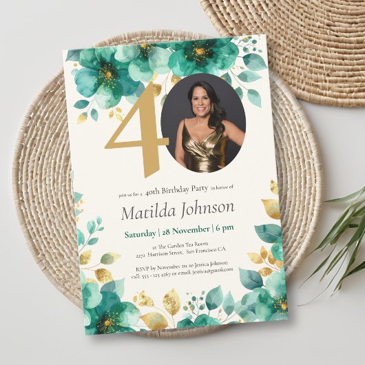 Invitation Emerald Green et Gold Floral 40e anniversaire