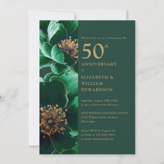 Invitation Emerald Green et Gold Floral 50e anniversaire (Devant)