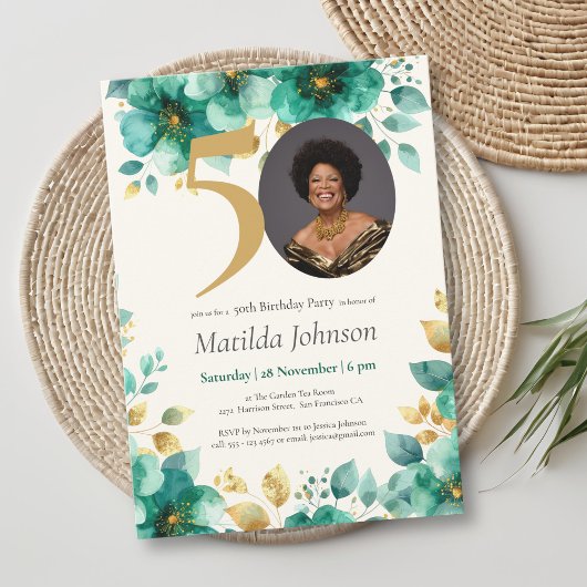 Invitation Emerald Green et Gold Floral 50e anniversaire
