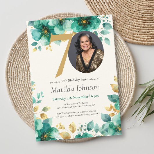 Invitation Emerald Green et Gold Floral 70e anniversaire