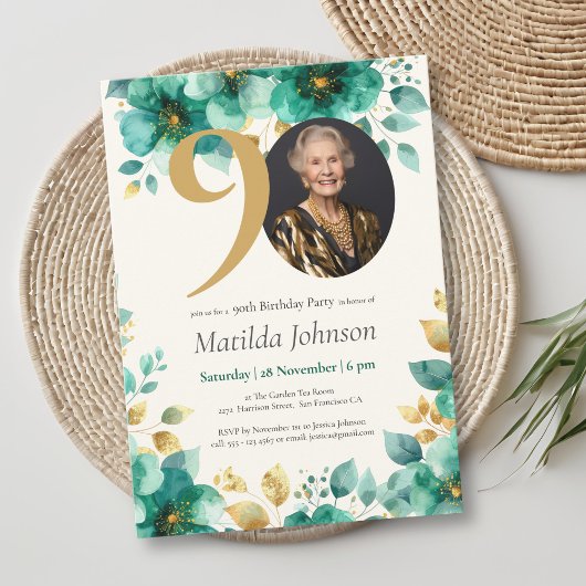Invitation Emerald Green et Gold Floral 90e anniversaire
