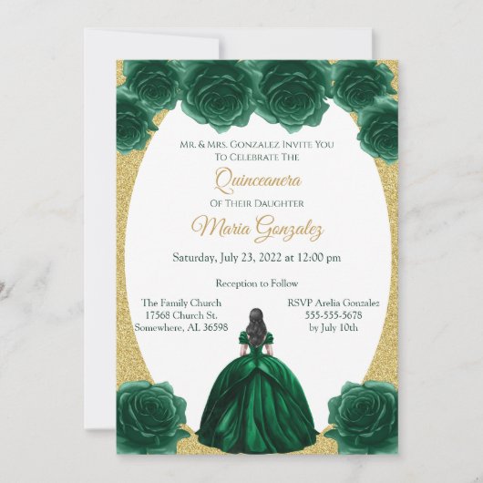 Invitation Emerald Green et Gold Floral Quinceanera (Devant)
