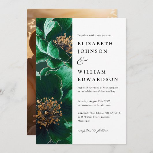 Invitation Emerald Green Et Gold Modern Floral Photo Mariage (Devant / Derrière)