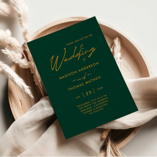 Invitation Emerald Green et Gold Modern Typographie Mariage