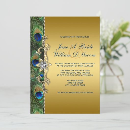 Invitation Emerald Green et Gold Peacock Mariage (Debout devant)