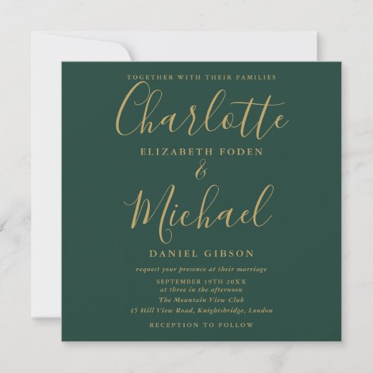 Invitation Emerald Green et Mariage de script Gold (Devant)