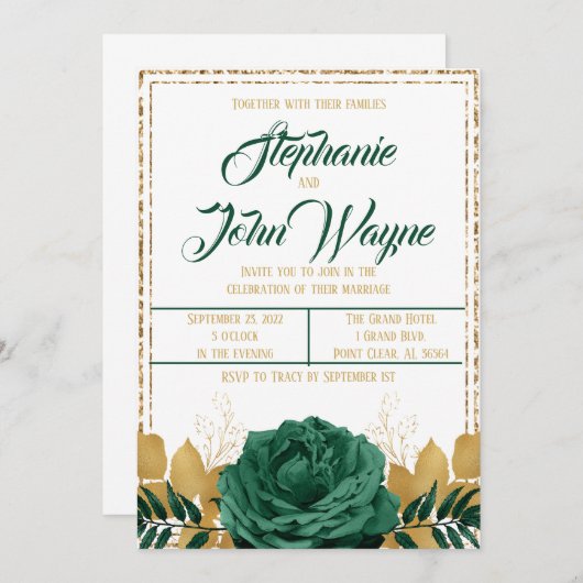 Invitation Emerald Green et Mariage Gold (Devant / Derrière)