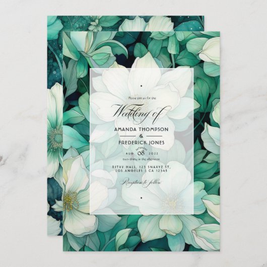 Invitation Emerald Green et Silver Floral Mariage (Devant / Derrière)