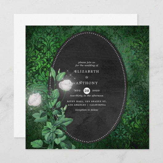 Invitation Emerald Green et White Damask Floral Mariage (Devant / Derrière)