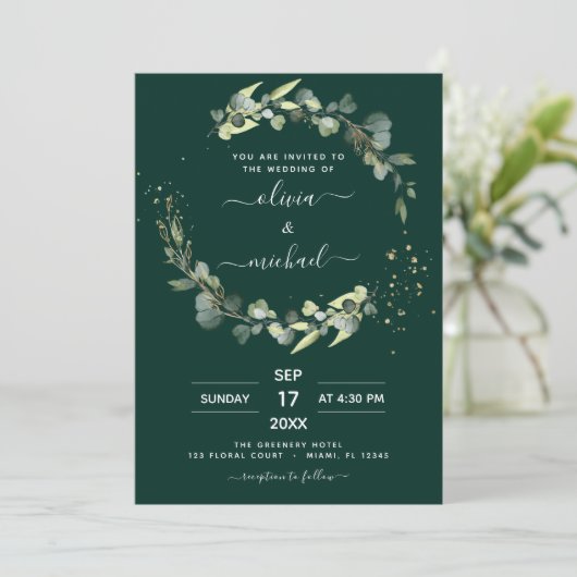 Invitation Emerald Green Eucalyptus QR Code Mariage (Debout devant)