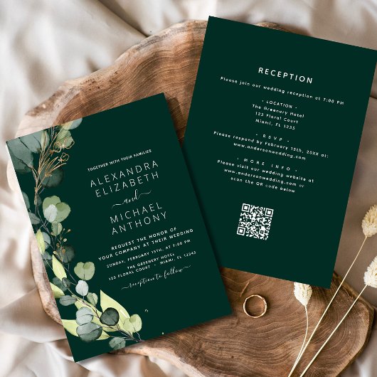 Invitation Emerald Green Eucalyptus QR Code Mariage
