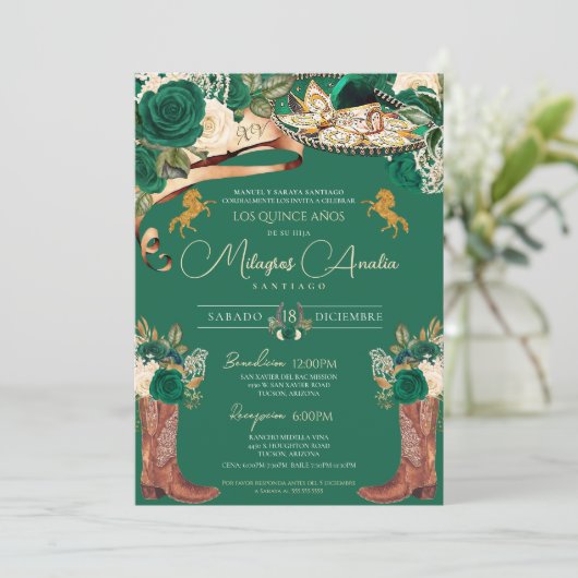 Invitation Emerald Green Fancy Mariachi Charro Quinceanera (Debout devant)