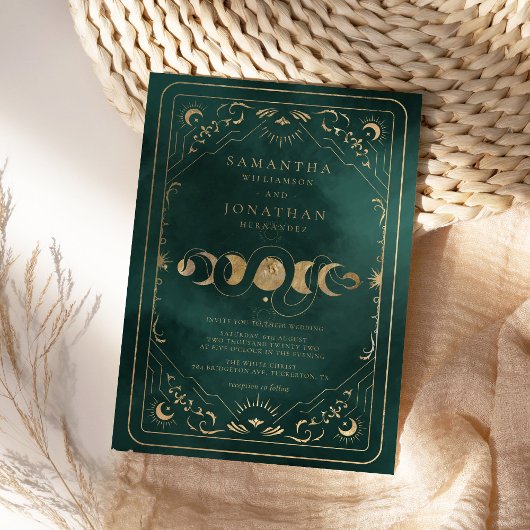 Invitation Emerald Green & Faux Gold Tarot Mariage céleste