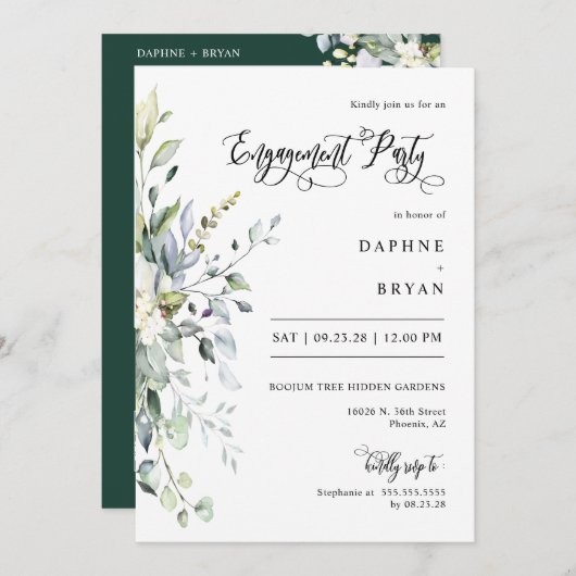 Invitation Emerald Green Feuille Engagement Party QR Code (Devant / Derrière)