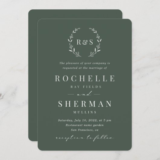 Invitation Emerald Green Feuille rustique simple Mariage Mono (Devant / Derrière)