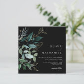 Invitation Emerald Green Feuilles d'or Feuillage Mariage fonc (Debout devant)