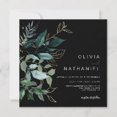 Invitation Emerald Green Feuilles d'or Feuillage Mariage fonc (Devant)