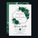 Invitation Emerald Green Floral Argent Sweet sixteen Annivers<br><div class="desc">Personnalisez facilement et rapidement cette jolie invitation à 16 ans de fleurs vert émeraude Sweet. Doté d'une fille habillée d'une belle robe vert émeraude, de fleurs chic vert émeraude et de papillons. Cliquez simplement sur le bouton Modifier à l'aide des outils de conception pour modifier davantage le texte, le libellé,...</div>