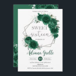 Invitation Emerald Green Floral Argent Sweet sixteen Annivers<br><div class="desc">Personnalisez facilement et rapidement cette jolie invitation à 16 ans de fleurs vert émeraude Sweet. Doté d'une fille habillée d'une belle robe vert émeraude, de fleurs chic vert émeraude et de papillons. Cliquez simplement sur le bouton Modifier à l'aide des outils de conception pour modifier davantage le texte, le libellé,...</div>