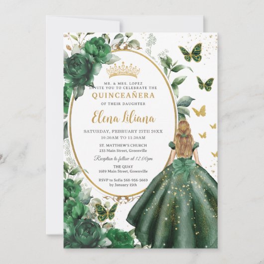 Invitation Emerald Green Floral Blonde Princess Quinceañera (Devant)