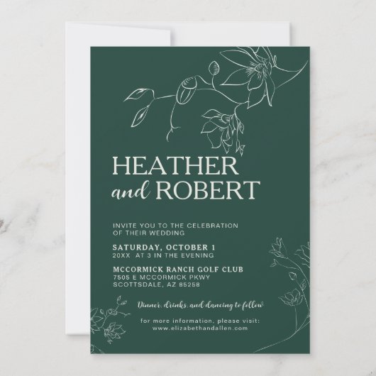 Invitation Emerald Green Floral Boho Boho Simple Mariage (Dos)