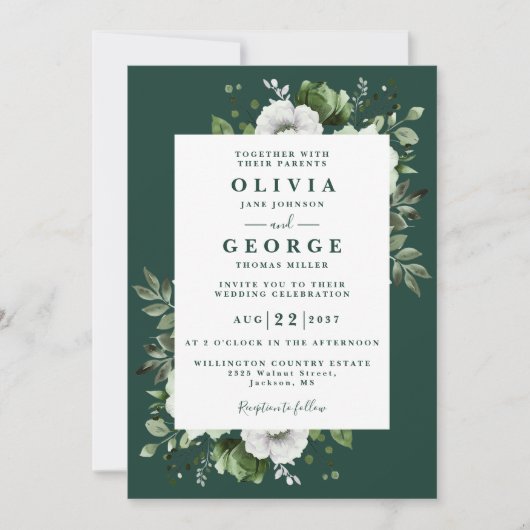 Invitation Emerald Green Floral Botanique Moderne Mariage (Devant)