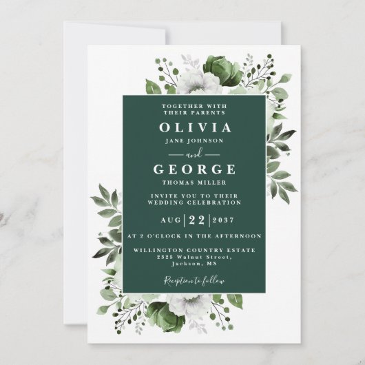 Invitation Emerald Green Floral Botanique Moderne Mariage (Devant)
