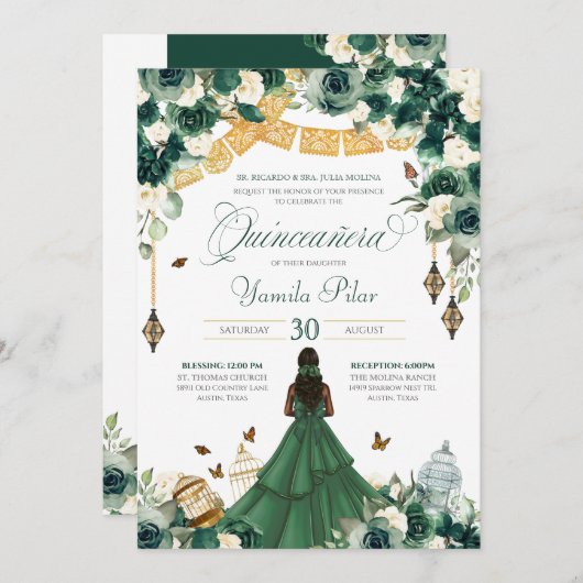 Invitation Emerald Green Floral Butterfly Elegant Quince 15e (Devant / Derrière)