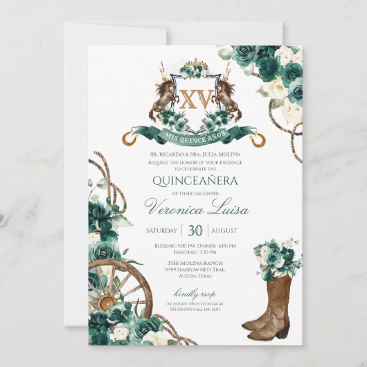 Invitation Emerald Green Floral Crest Charro Quinceanera (Devant)
