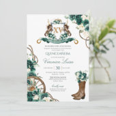 Invitation Emerald Green Floral Crest Charro Quinceanera (Debout devant)