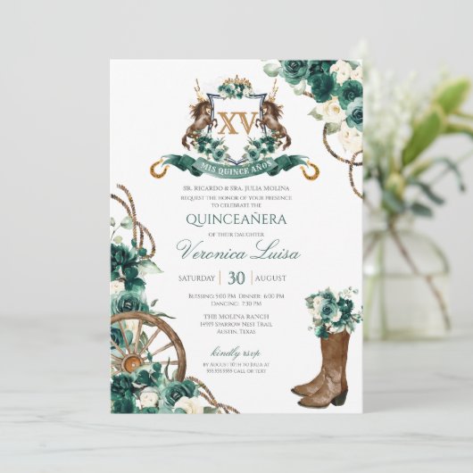 Invitation Emerald Green Floral Crest Charro Quinceanera (Debout devant)