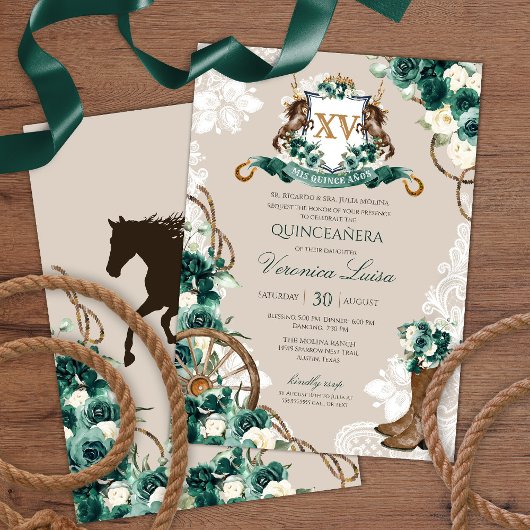 Invitation Emerald Green Floral Crest Charro Quinceanera v3