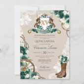 Invitation Emerald Green Floral Crest Charro Quinceanera v3 (Devant)