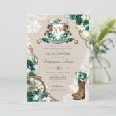 Invitation Emerald Green Floral Crest Charro Quinceanera v3 (Debout devant)