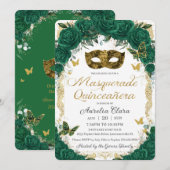 Invitation Emerald Green Floral Gold Masquerade Quinceañera (Devant / Derrière)
