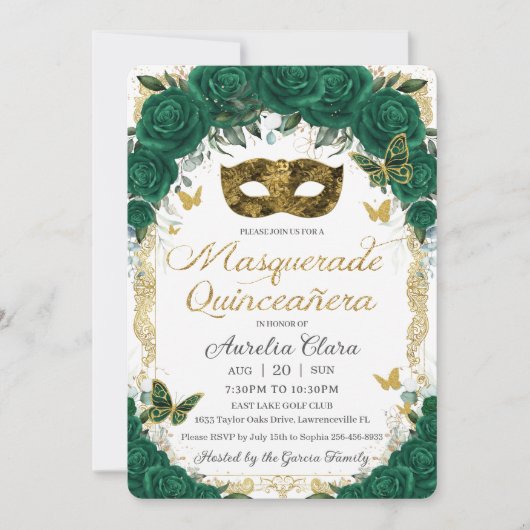 Invitation Emerald Green Floral Gold Masquerade Quinceañera (Devant)