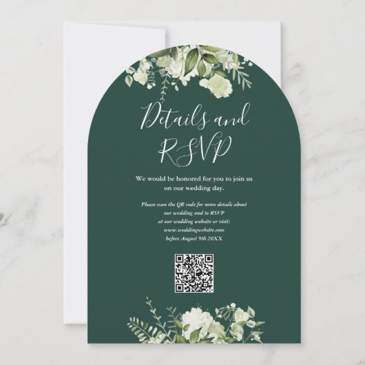 Invitation Emerald Green Floral Greenery QR Code Mariage Arc (Dos)