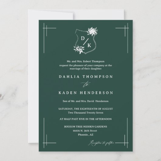 Invitation Emerald Green Floral Mariage Crest QR Code photo (Devant)